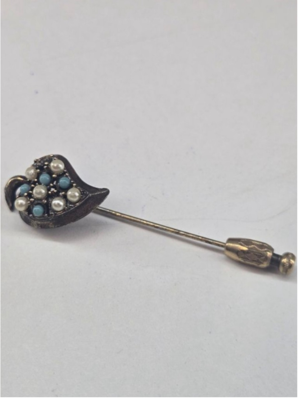 Women's Stick Pin Turquoise Pearl Brooch Goldtone Blue White Leaf Vintage Hat